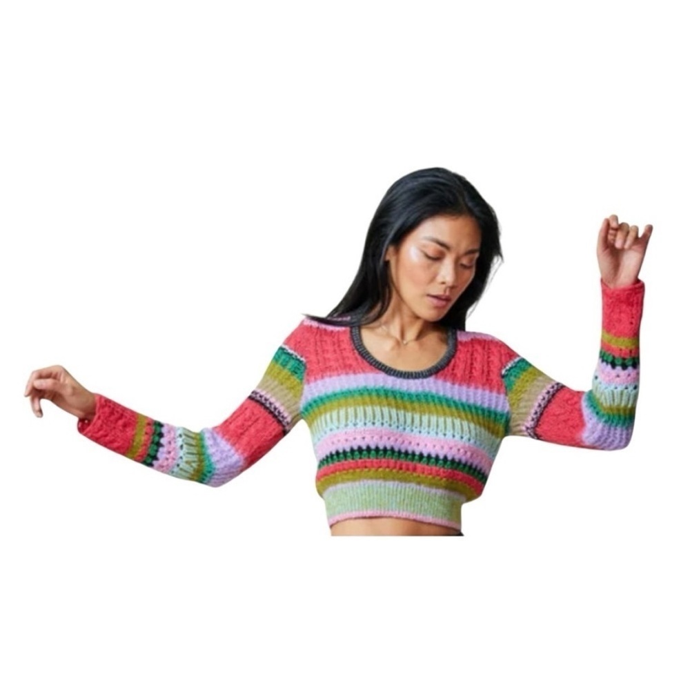 LINGUA FRANCA Pink Stripe Crochet Ashby Stitch Knit Crop Sweater in Taffy Multi